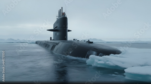 Nuclear military Submarine in north waters of Arctic, Aerial top view. Generation AI.