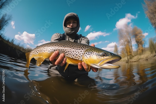 Happy fisherman shows a trophy trout catch, sunny day. Fishing sport