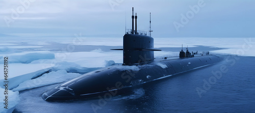 Photo Nuclear military Submarine in north waters of Arctic, Aerial top view