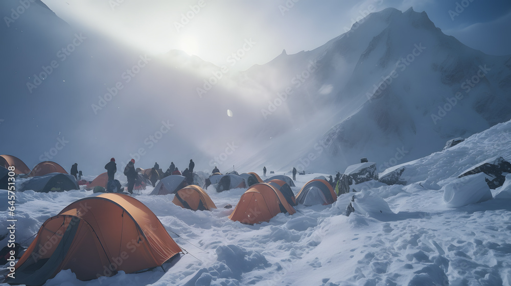 Concept death of tourists in mountains, avalanche accident. Group hiker in tents, climber ill with hypothermia on snow winter. Generation AI