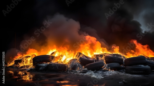 Large dump of used tires is burning with fire emitting black toxic smoke in pile on landfill, environmental pollution concept