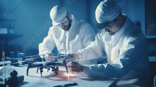 Aerospace engineers working on prototype of unmanned aerial drone. Concept new secret model industrial or military aircraft.