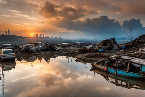 a terribly disgusting garbage dump with burning rotten cars and a lot of dirty rotten plastic flying around near corrugated iron shacks in a pathetic atmosphere with smoke and oil fumes  and rats © Creative