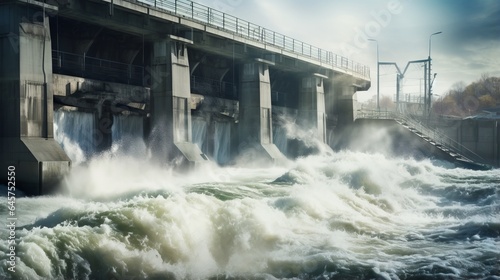 close-up of hydroelectric power plant, with the rushing water and electricity visible