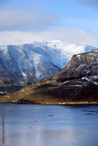 Alpine winter landscape near Sogndalsfjora in Norway, Europe	