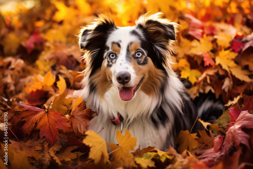 Pet dog in colorful autumn leaves. Generative AI © barmaleeva
