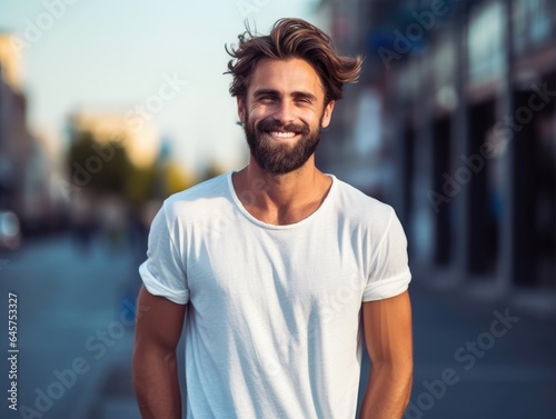 Man with beard standing on street.