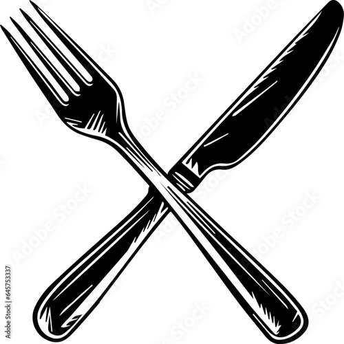 Crossed fork and table knife. Vector illustration.