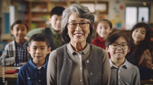 Older woman standing in front of group of children.