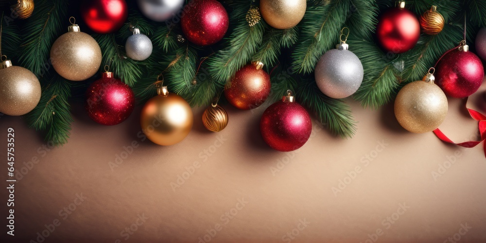 Top view. Christmas and New years eve Background. Beautiful Wide Angle Holiday Template with Christmas balls, fir tree and highlights with copy space. Christmas and New year greeting card concept