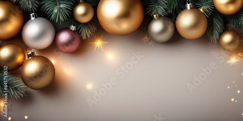 Top view. Christmas and New years eve Background. Beautiful Wide Angle Holiday Template with Christmas balls, fir tree and highlights with copy space. Christmas and New year greeting card concept