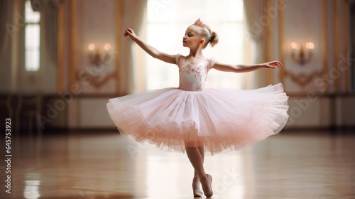 Foto cute little ballerina in pink tutu practicing in ballet studio