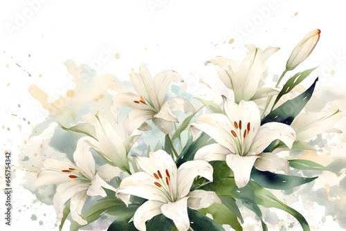 Watercolor white Lilies on white background, wedding invitation