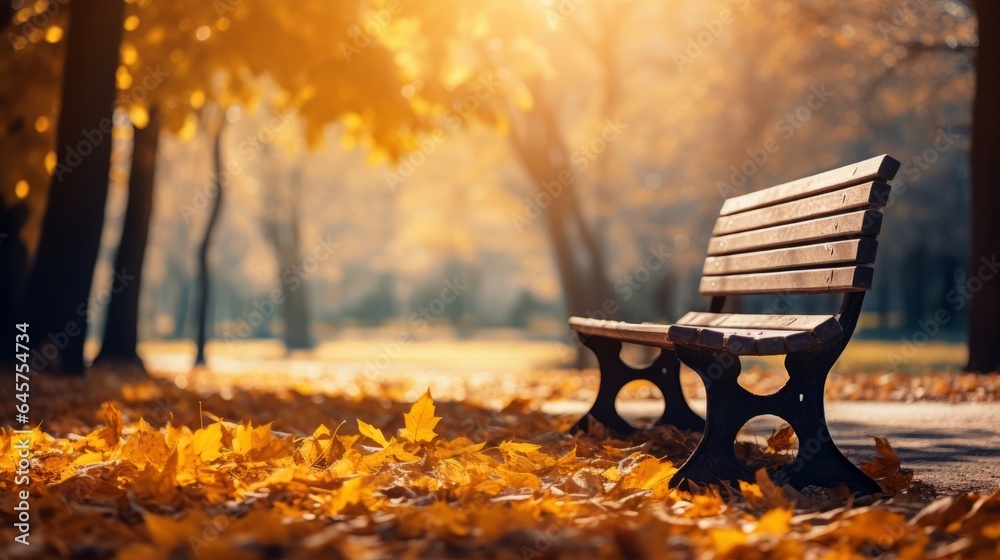 Fall foliage on bench in autumn park, sunlight and wind pick up yellow leaves. Concept change season