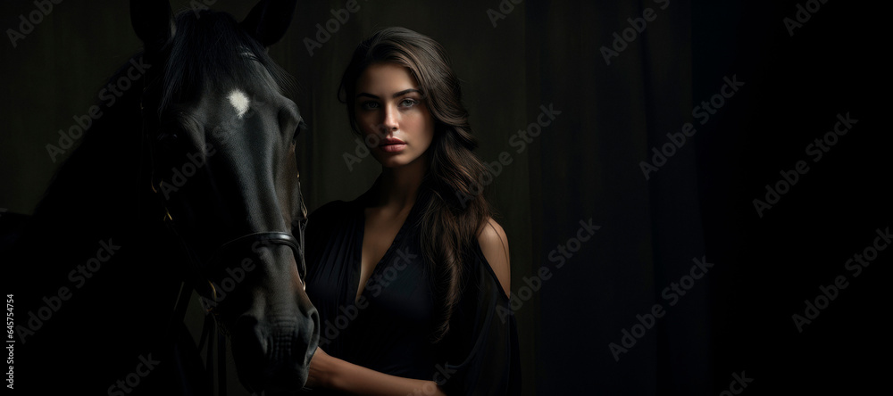 Elegance and Power: A Woman's Connection with Her Majestic Black Horse in Dark Tones. In the Shadows of Elegance - obrazy, fototapety, plakaty 