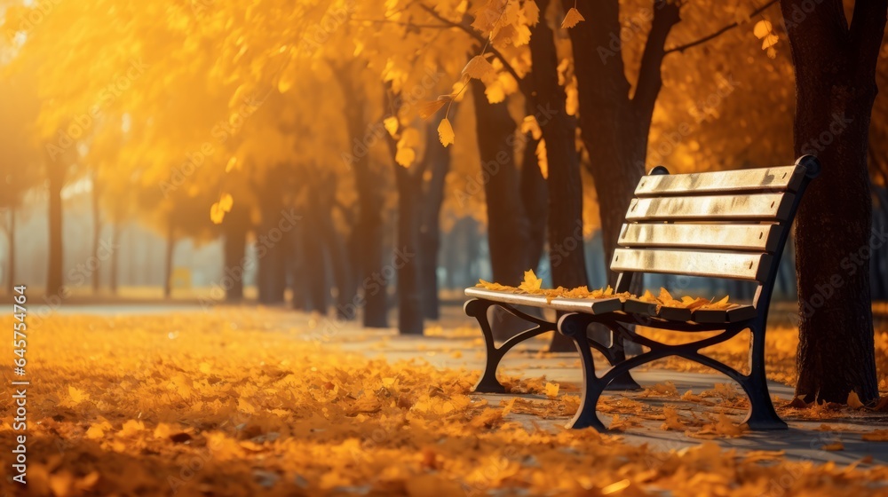 Fall foliage on bench in autumn park, sunlight and wind pick up yellow leaves. Concept change season