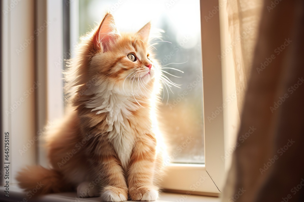Fluffy kitten sitting on windowsill, playful and cute