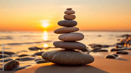 folded pyramid Zen pebble stones on the sea beach at sunset