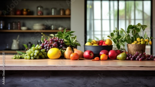 Fresh organic fruit on rustic wooden table in modern kitchen