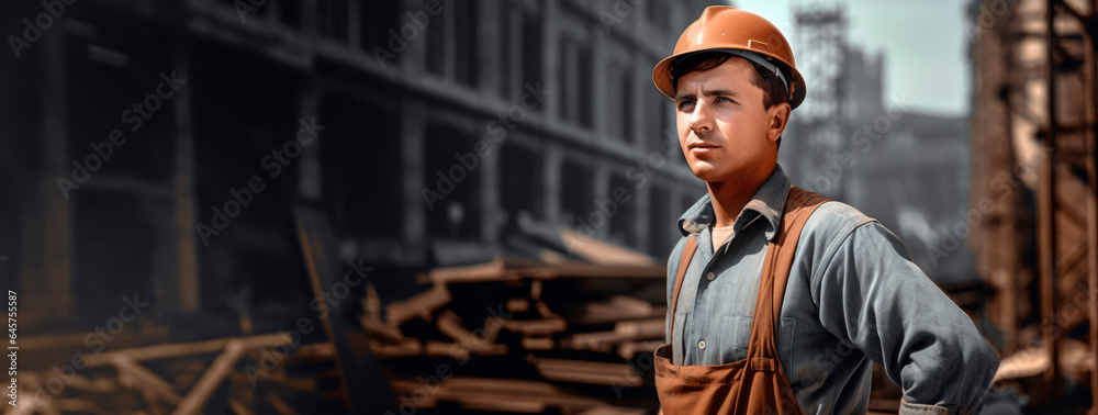 A Dedicated Construction Worker, Clad in Uniform and Helmet, Stands Proudly in Front of the Construction Site, Symbolizing Progress and Development. Copy Space to text A Dedicated Construction Worker, Clad in Uniform and Helmet, Stands Proudly in Front of the Construction Site, Symbolizing Progress and Development. Copy Space to text