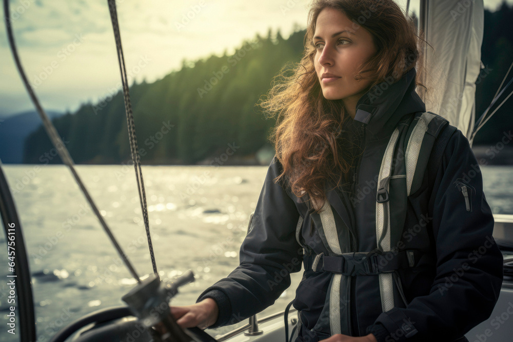 Captain of the Waves. European Woman Takes the Helm of a Sailboat. Elegance Sailing into Adventure