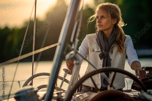 Captain of the Waves. European Woman Takes the Helm of a Sailboat. Elegance Sailing into Adventure