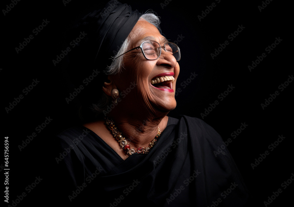 Laughter in the Shadows: An Indian woman Laughs in a Dark Studio, Embracing Creativity Laughter in the Shadows: An Indian woman Laughs in a Dark Studio, Embracing Creativity
