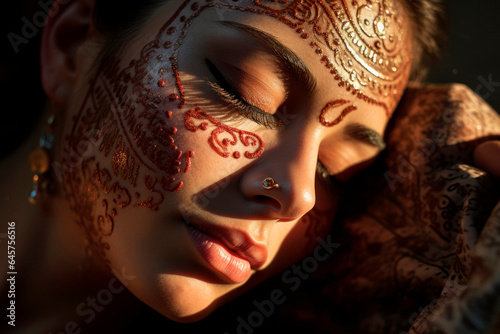 Mystical Henna paintings Beauty: Capturing the Enigmatic Charm of a Stunning Woman with Elaborate Henna Face Paintings, Radiating Sensual and Provocative Vibes. 