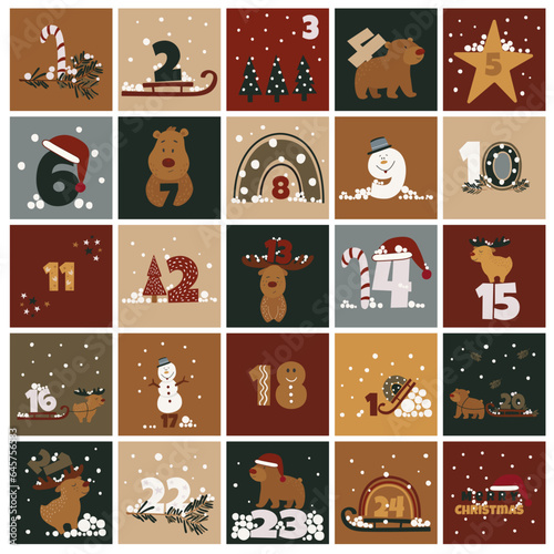 Cute christmas advent calendar decorated with forest animals, bears, deer, snowmen, christmas toy, snows, rainbows and christmas elements. Printable kids design. Winter holidays art