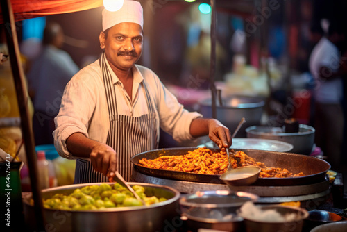 Flavors of India: A Portrait of a Man Thriving as a Street Food Vendor in India, Surrounded by the Bustling Energy of a Vibrant Market and His Food Cart.