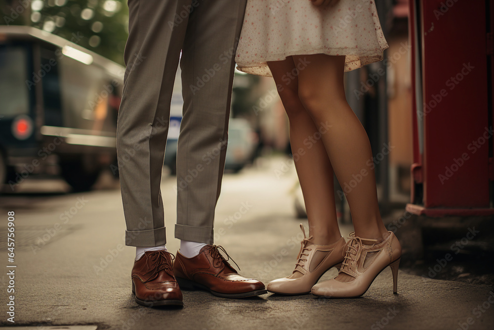 Generative AI close up picture of two people walking on evening city streets in nice footwear Generative AI close up picture of two people walking on evening city streets in nice footwear