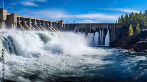 Hydroelectric power station generates electricity from flowing water in nature