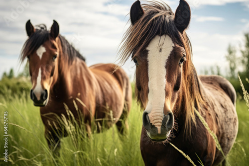 Close up of horses on green grass