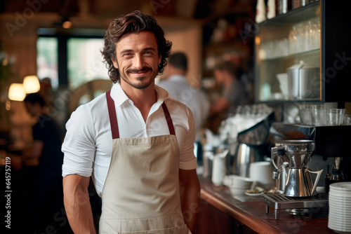 Caffeine Espresso Maestro: Capturing the Craftsmanship of an Italian Man as He Works as a Barista, Expertly Handling a Coffee Cup and Espresso Machine.   © Mr. Bolota