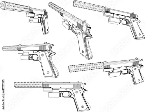 Sketch vector illustration of an automatic pistol with silencer for police