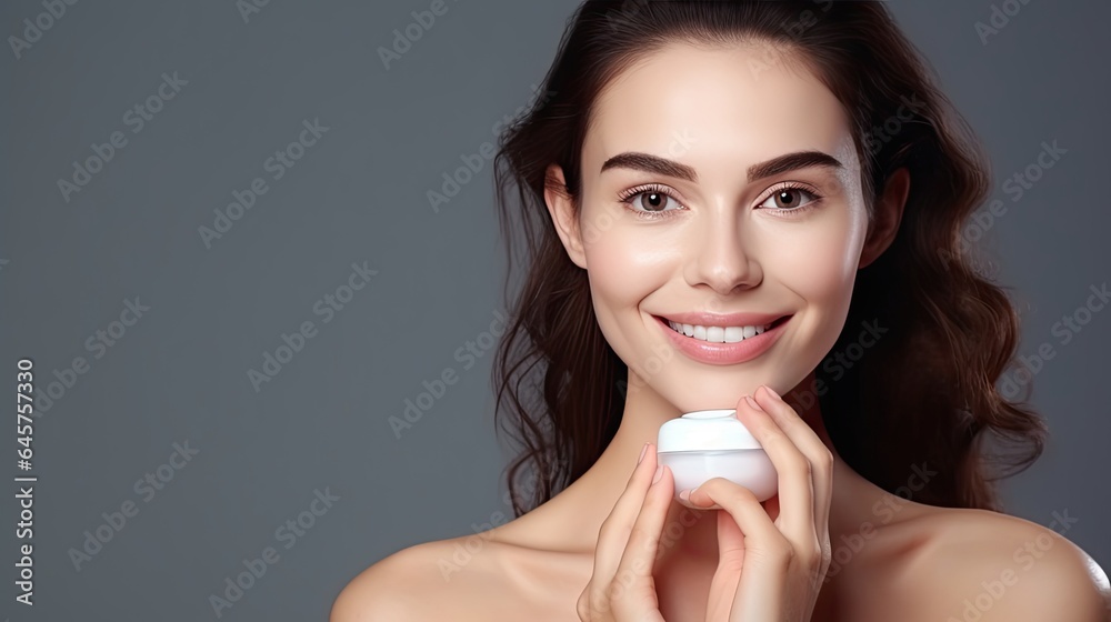Beautiful woman smile use cream for good skin. face of a healthy woman apply cream and makeup. Advertisement for skin cream, anti-wrinkle, baby face, whitening, moisturizer, tighten pores Beautiful woman smile use cream for good skin. face of a healthy woman apply cream and makeup. Advertisement for skin cream, anti-wrinkle, baby face, whitening, moisturizer, tighten pores