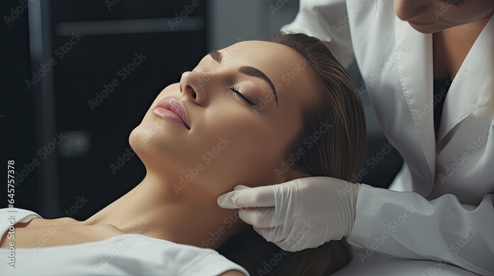 Cosmetic surgery, beauty, Surgeon or beautician touching woman face, surgical procedure that involve altering shape of eye, medical assistance, eyelid surgery, double eyelid, big eyes, ptosis - obrazy, fototapety, plakaty 