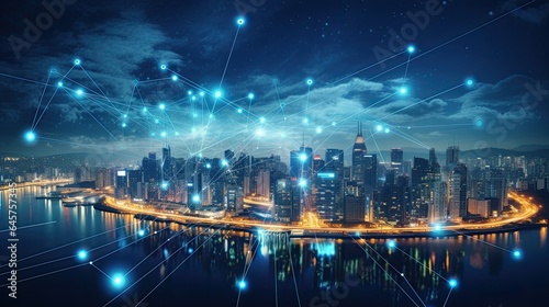 Modern city with wireless network connection and urban landscape concept  wireless network and technology connection with city background at night.