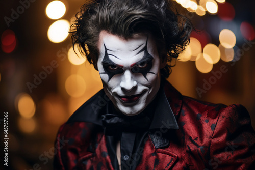 Creative composite generative ai collage of man celebrate halloween festival make wear joker costume photo