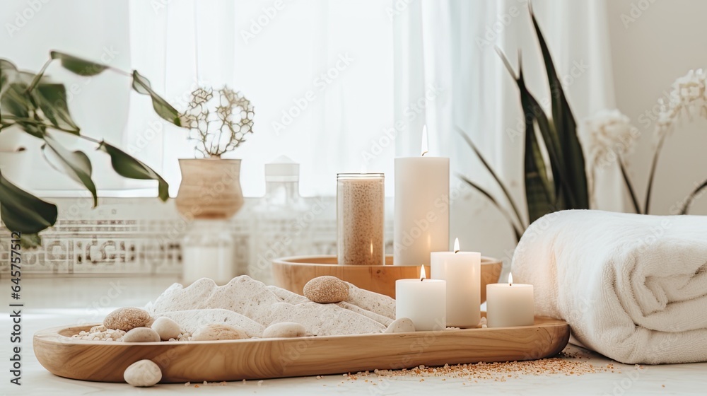 Beautiful spa treatment composition such as Towels, candles, essential oils, Massage Stones on light wooden background. blur living room, natural creams and moisturising Healthy lifestyle, body care..
