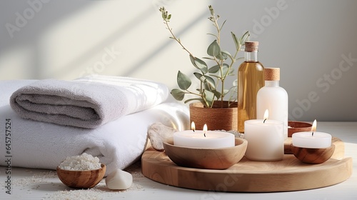 Beautiful spa treatment composition such as Towels  candles  essential oils  Massage Stones on light wooden background. blur living room  natural creams and moisturising Healthy lifestyle  body care..