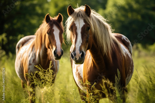 Close up of horses on green grass photo