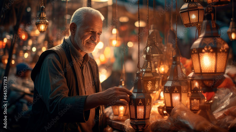 A Portrait of a Muslim Mature Man Adorned with Lanterns at a Sari Market in Morocco, Africa,  Ample Copy Space to text