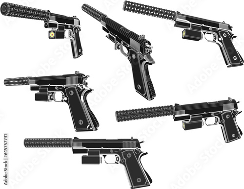 Sketch vector illustration of an automatic pistol with silencer for police photo