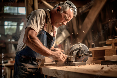 Master of Woodcraft: A Portrait of a Mature Male Artisan in His Carpentry Workshop, Showcasing the Artistry of Carpentry Work in the Background.