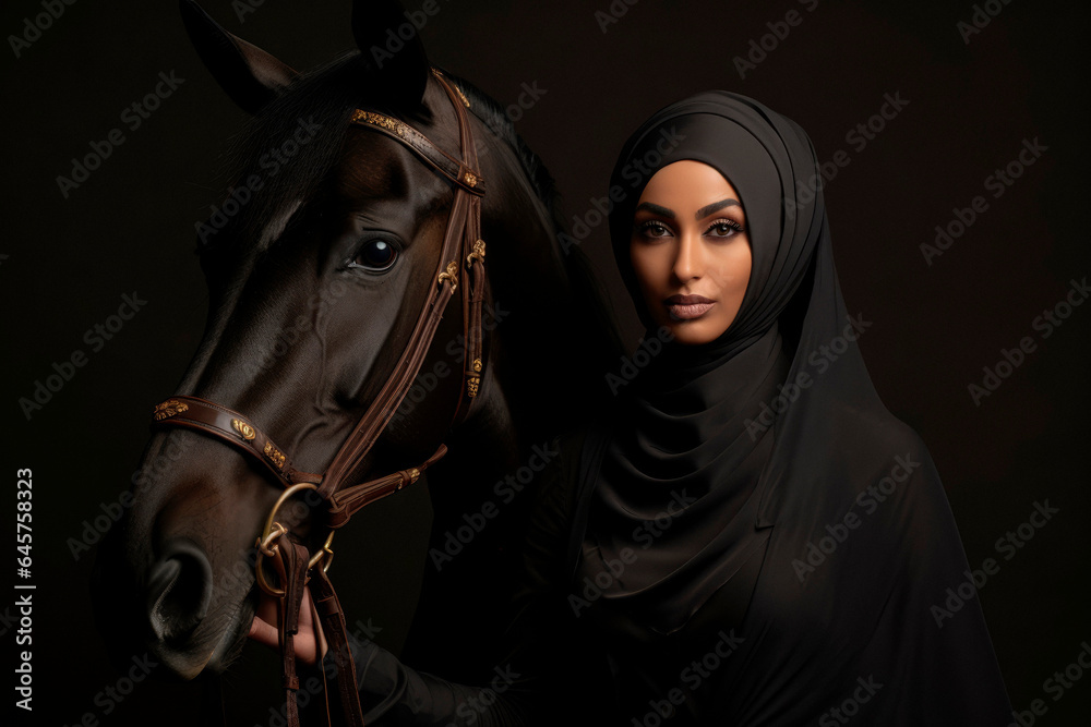 Elegance in Black: A Muslim Woman, a Horse Lover, Standing in Front of a Majestic Black Horse, Embracing the Cult of the Color Black.
Elegance in Black: A Muslim Woman, a Horse Lover, Standing in Front of a Majestic Black Horse, Embracing the Cult of the Color Black.