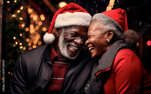 Christmas Joy Together: An Older African Couple Smiles Brightly in Christmas Hats, Savoring the Festive Atmosphere.