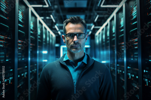 Generative ai collage image photo of professional it specialist analyzing data warehouse room