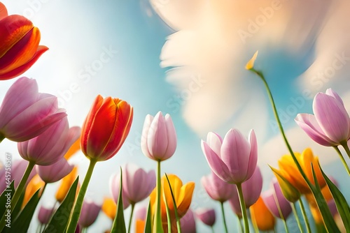 Dreamy and gentle artistic background with colorful tulips merging in a pastel colored flower composition, with soft and gentle hues. Beauty in nature: springtime and summer bring joy and happiness. L