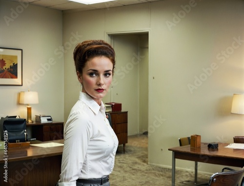 1950s and 1960s secretary in an office environment. Solo, attractive young brunette. Looking at the camera. Vintage, saturated colors.